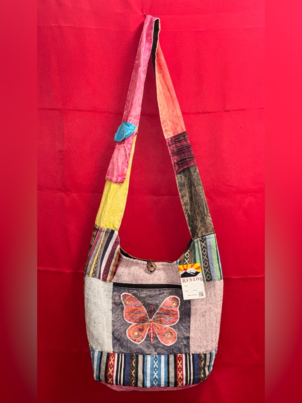 🔥#672-NWT Rising International Nepal Boho Woven Butterfly Accent Crossbody Bag